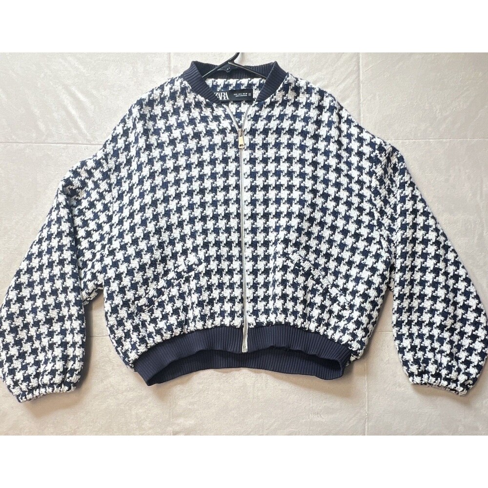 ZARA Women’s Navy/White Houndstooth Bomber Jacket L Zip Front Lined - Picture 1 of 10